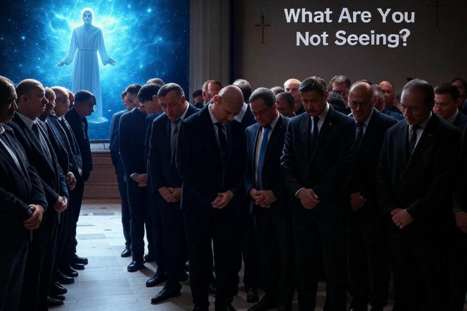 A group of world leaders and religious leaders in suits and robes stand in two rows at the Pope’s funeral, with a glowing cosmic figure above a starry background. The text "What Are You Not Seeing?" is overlaid in bold white. The Pope’s coffin is at the center with a subtle halo effect.